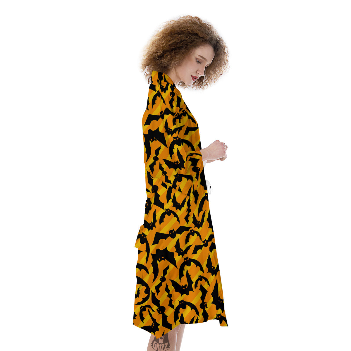 Black Bat And Orange Striped Print Pattern Kimono-grizzshop