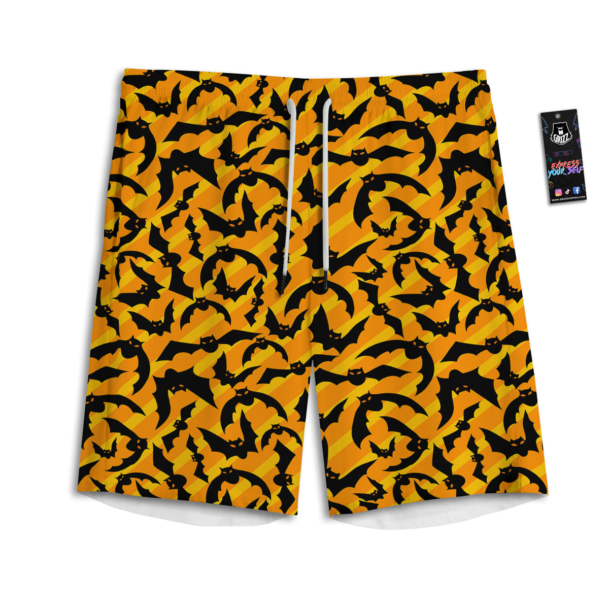 Black Bat And Orange Striped Print Pattern Men's Athletic Shorts