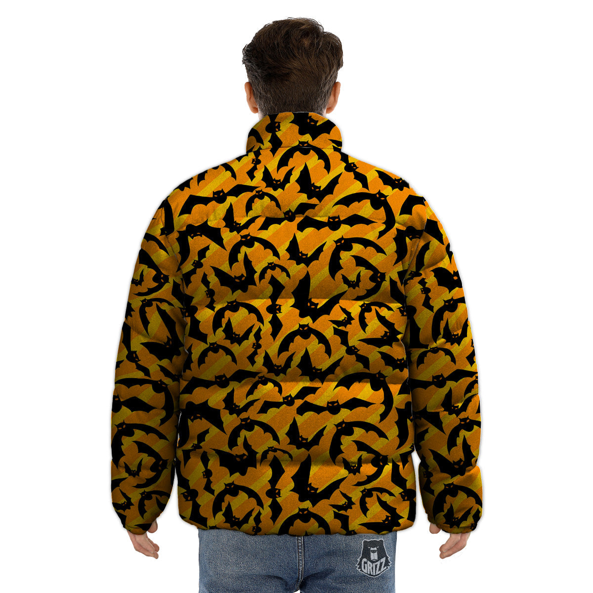 Black Bat And Orange Striped Print Pattern Puffer Jacket-grizzshop
