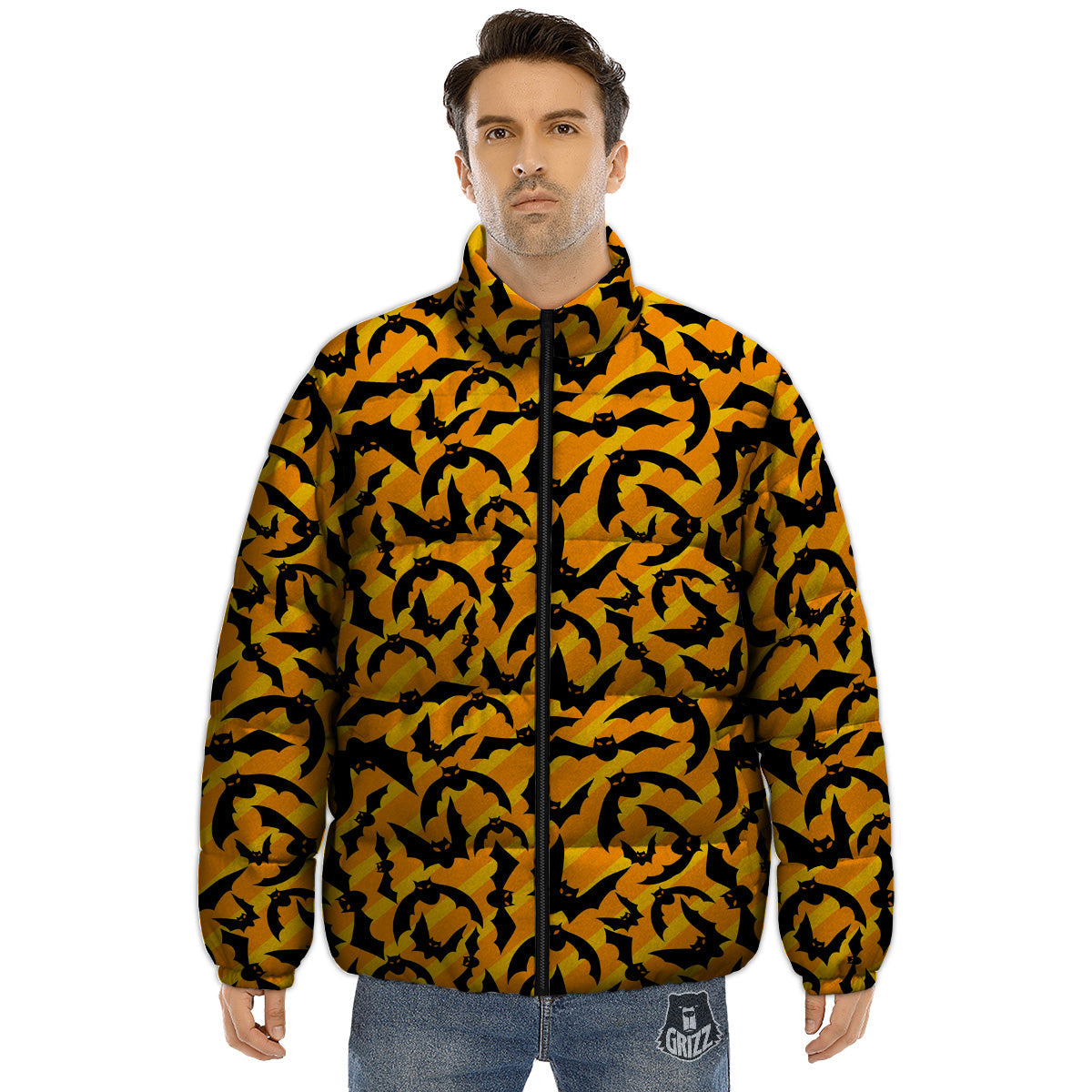Black Bat And Orange Striped Print Pattern Puffer Jacket-grizzshop