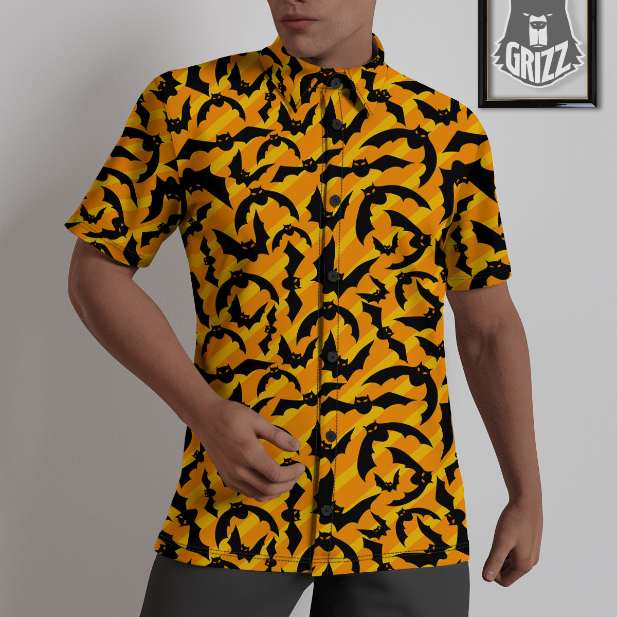 Black Bat And Orange Striped Print Pattern Untucked Shirts-grizzshop