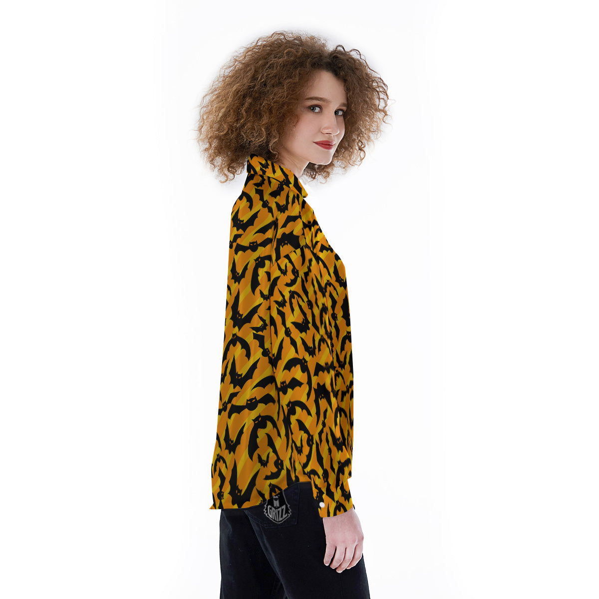 Black Bat And Orange Striped Print Pattern Women's Long Sleeve Shirts-grizzshop
