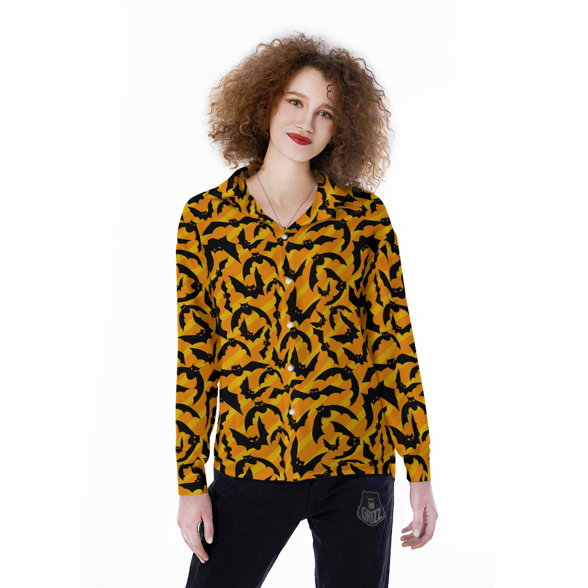 Black Bat And Orange Striped Print Pattern Women's Long Sleeve Shirts-grizzshop