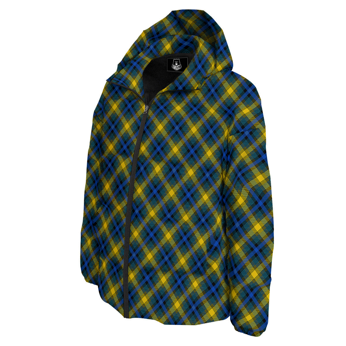 Black Blue And Yellow Argyle Print Down Jacket-grizzshop