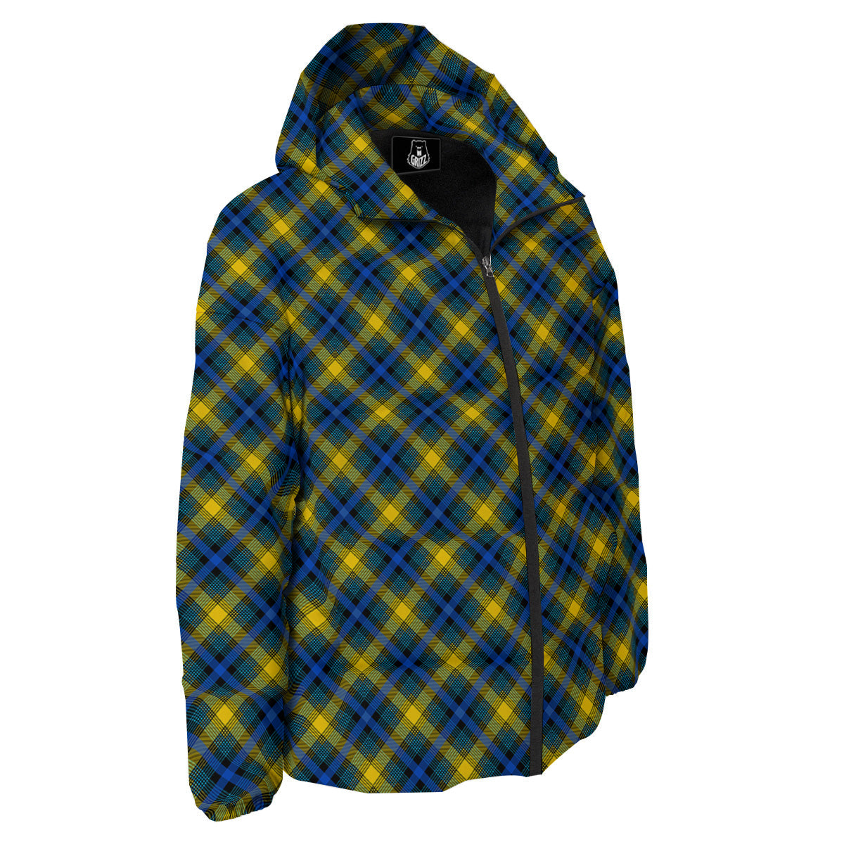 Black Blue And Yellow Argyle Print Down Jacket-grizzshop