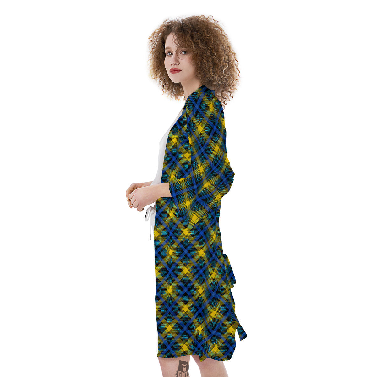 Black Blue And Yellow Argyle Print Kimono-grizzshop