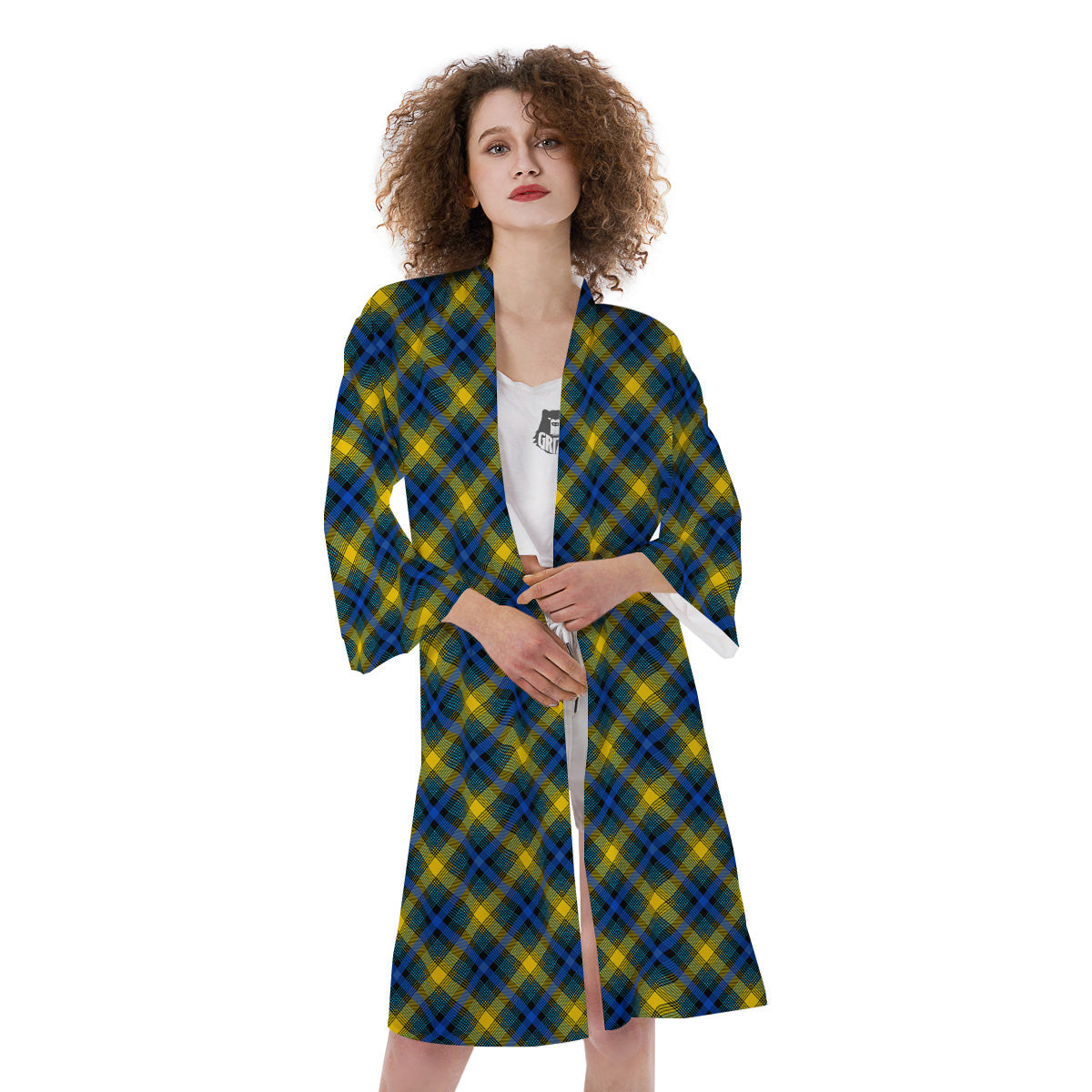 Black Blue And Yellow Argyle Print Kimono-grizzshop