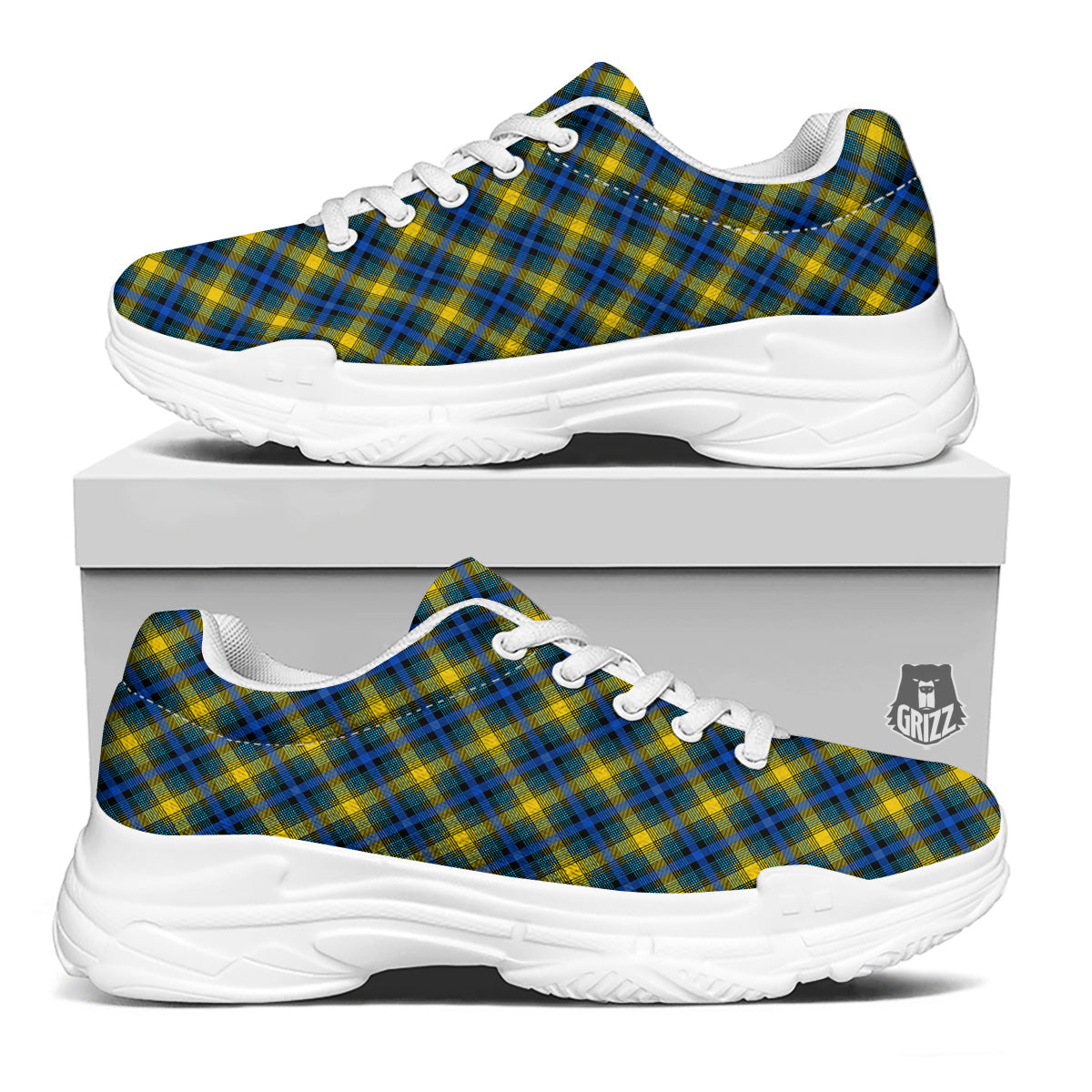 Black Blue And Yellow Argyle Print White Chunky Shoes-grizzshop