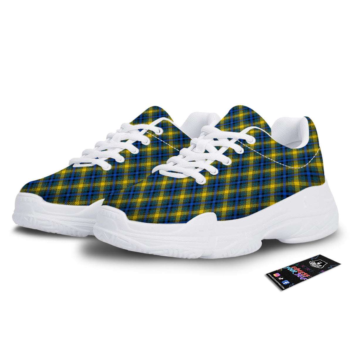 Black Blue And Yellow Argyle Print White Chunky Shoes-grizzshop