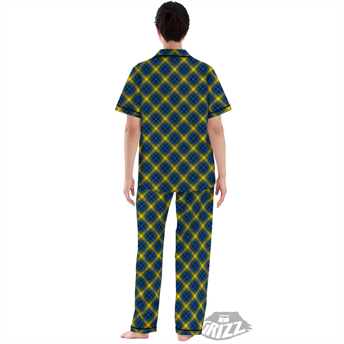 Black Blue And Yellow Argyle Print Women's Pajamas Set-grizzshop