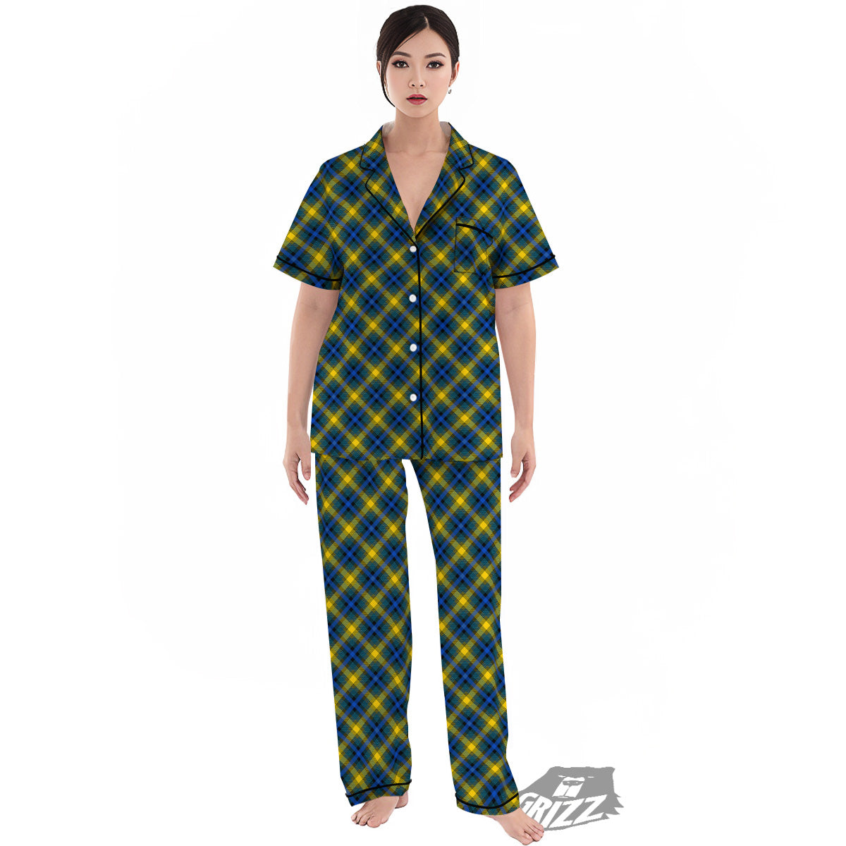 Black Blue And Yellow Argyle Print Women's Pajamas Set-grizzshop