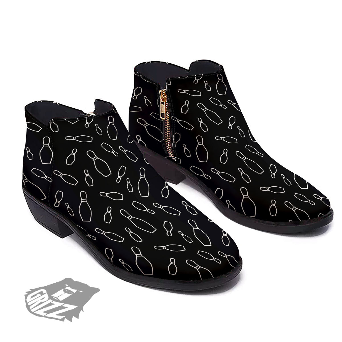 Black Bowling Pins Print Pattern Ankle Boots-grizzshop