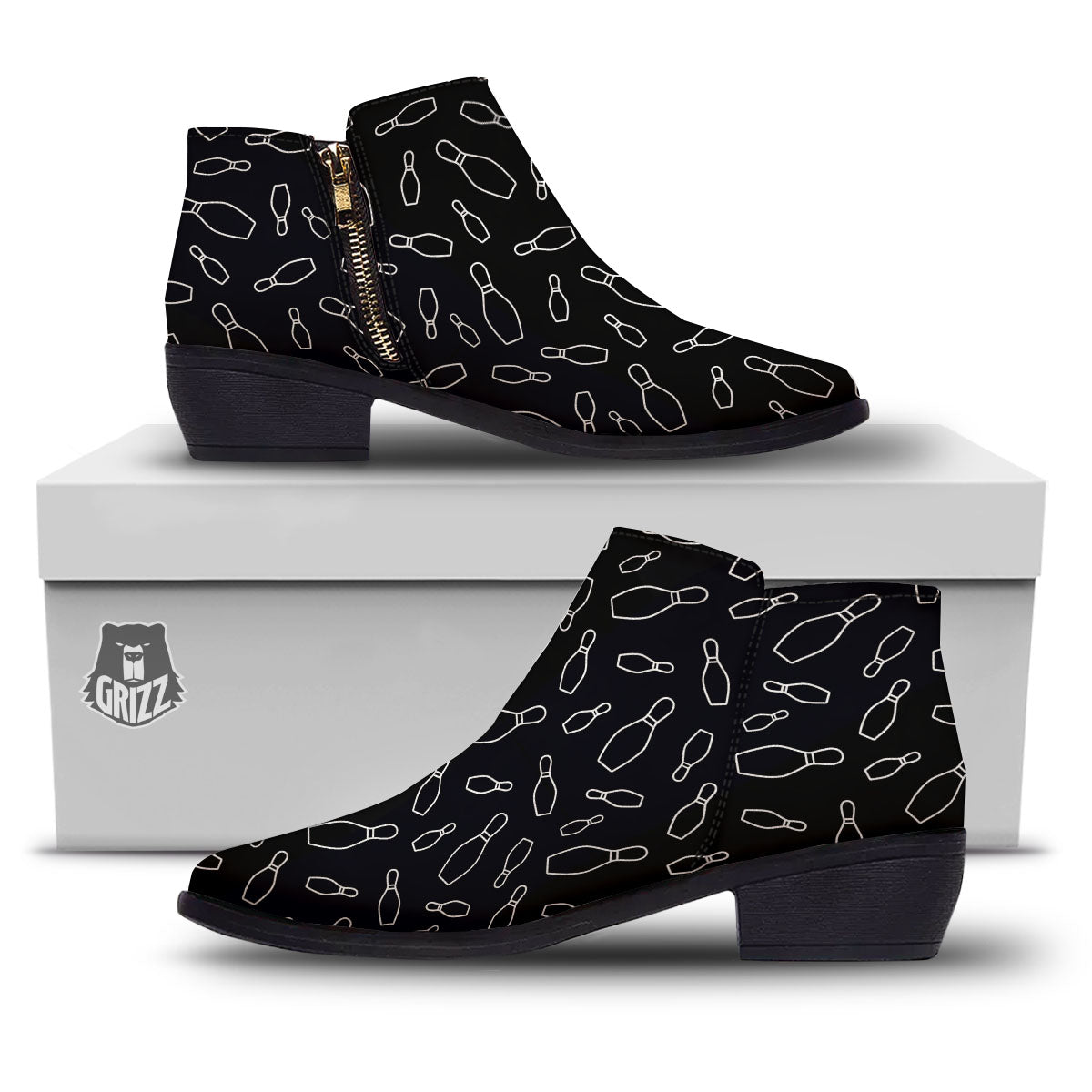 Black Bowling Pins Print Pattern Ankle Boots-grizzshop