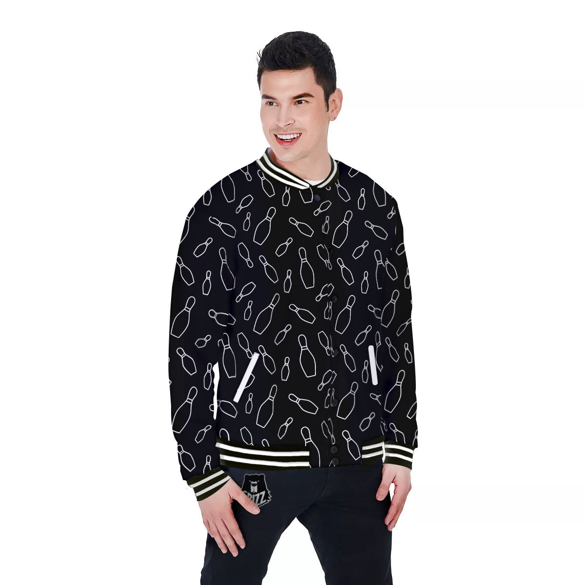 Black Bowling Pins Print Pattern Baseball Jacket-grizzshop