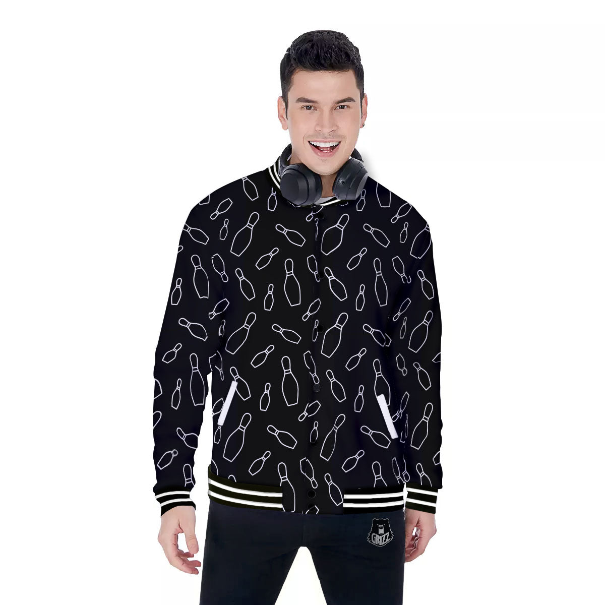 Black Bowling Pins Print Pattern Baseball Jacket-grizzshop