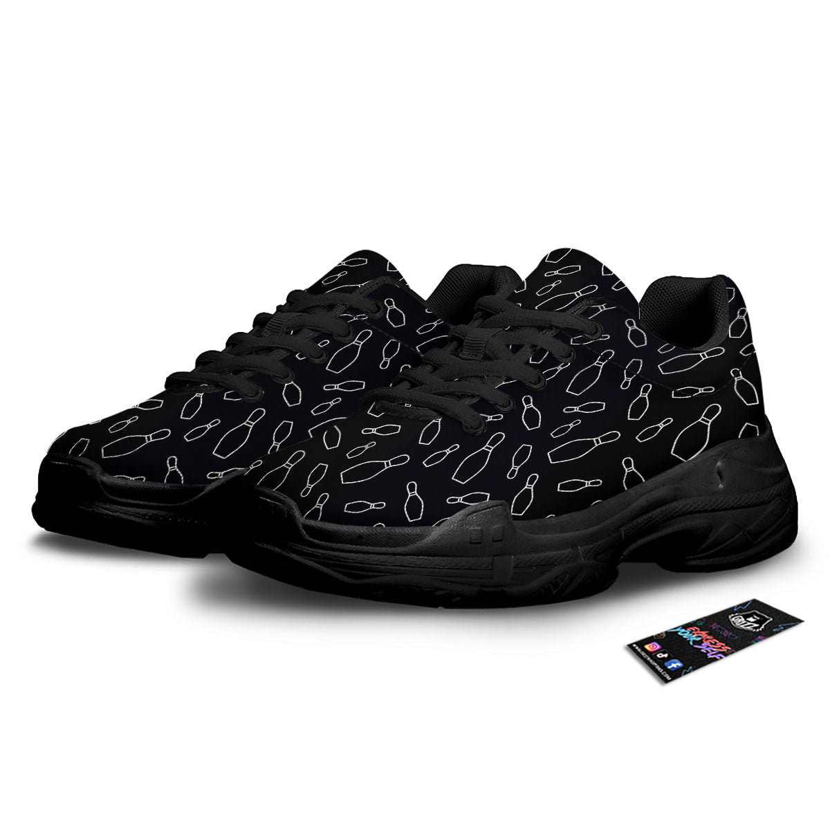 Black Bowling Pins Print Pattern Black Chunky Shoes-grizzshop