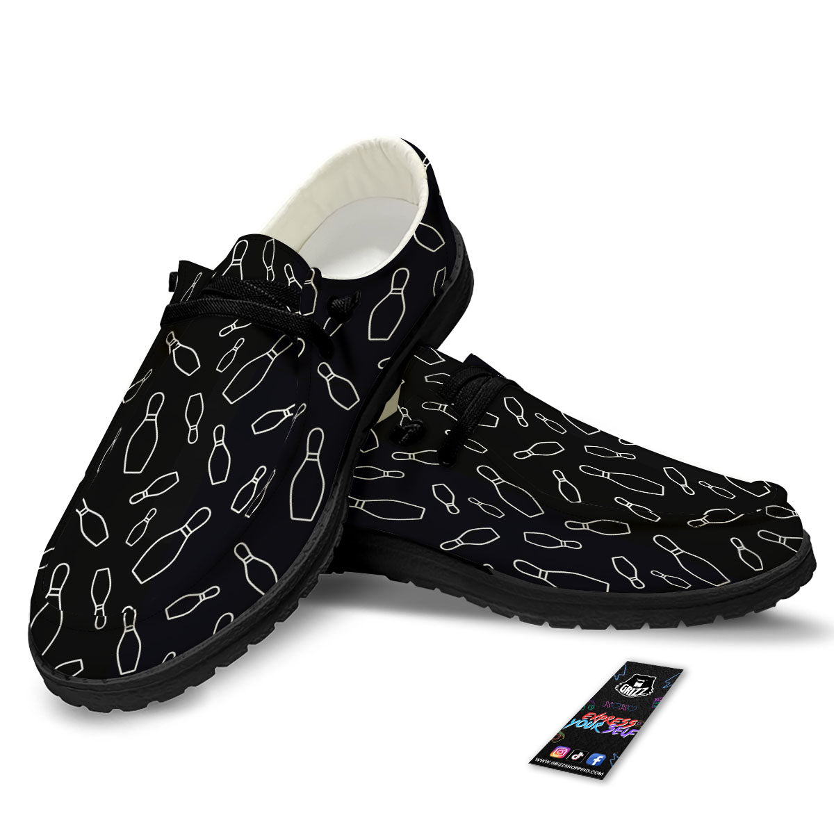 Black Bowling Pins Print Pattern Black Loafers-grizzshop