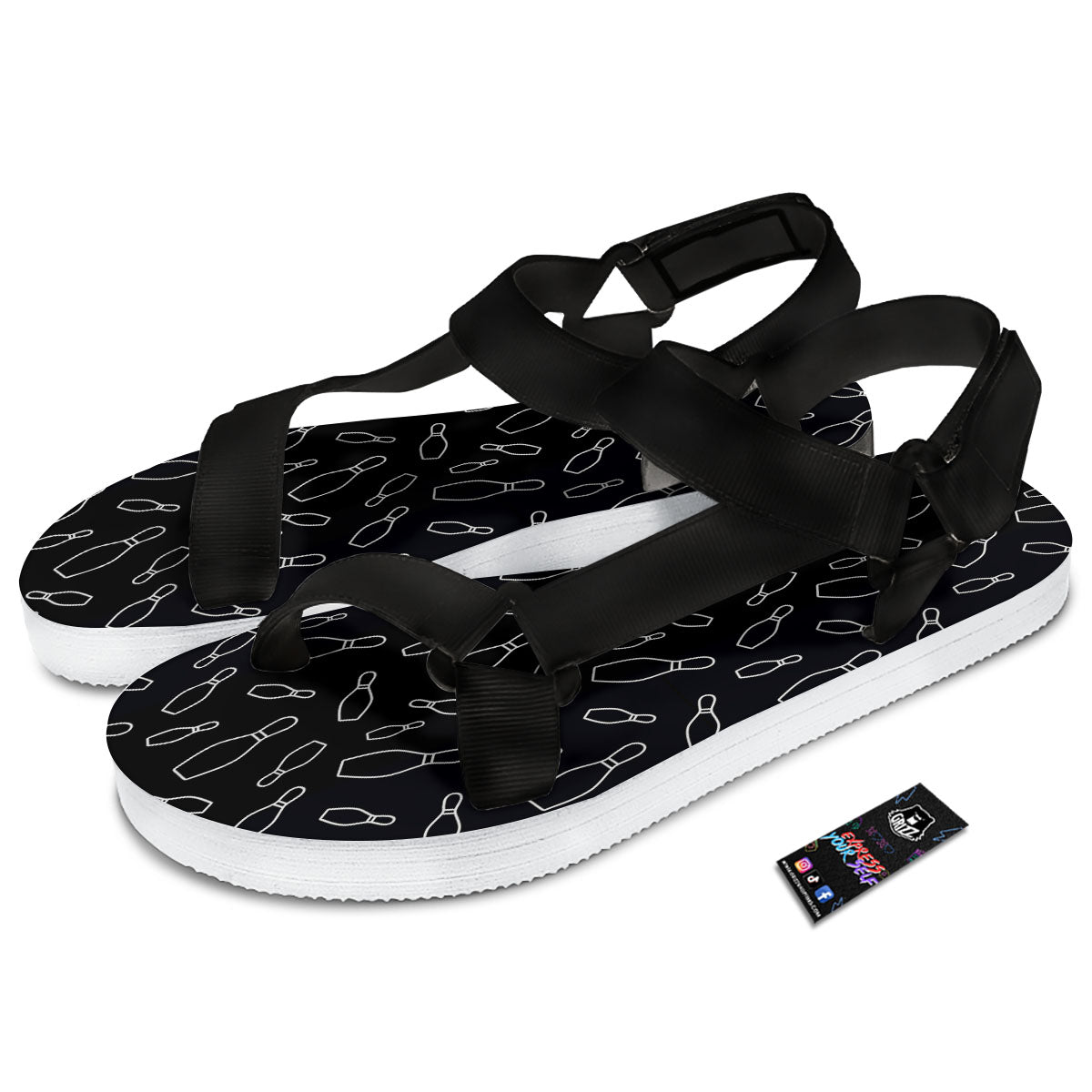 Black Bowling Pins Print Pattern Black Open Toe Sandals-grizzshop