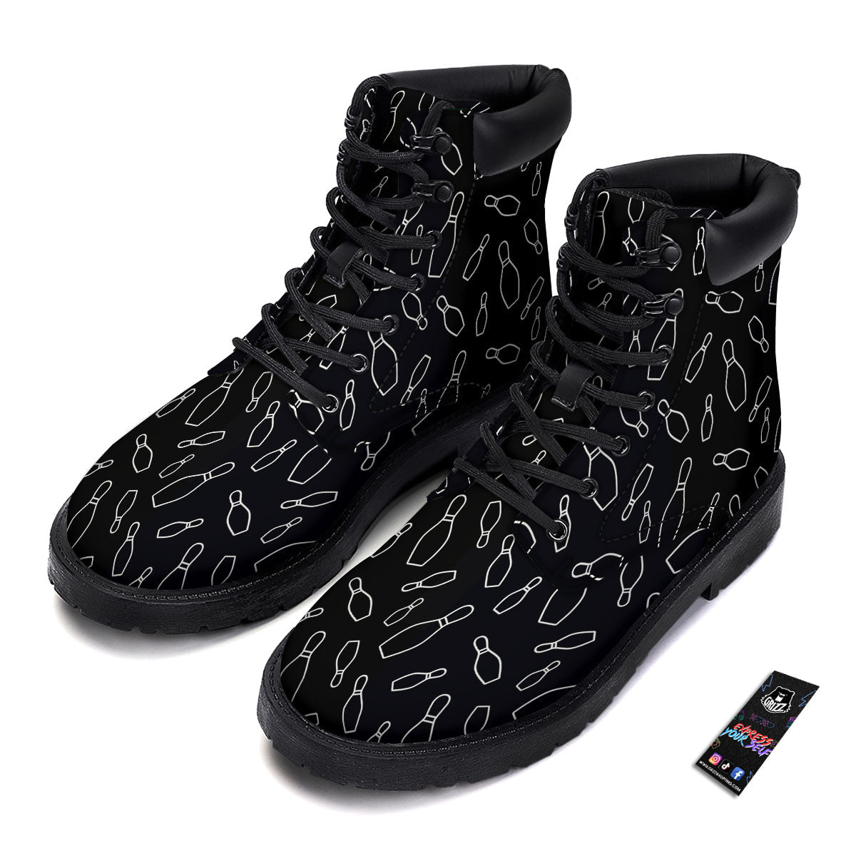 Black Bowling Pins Print Pattern Boots-grizzshop