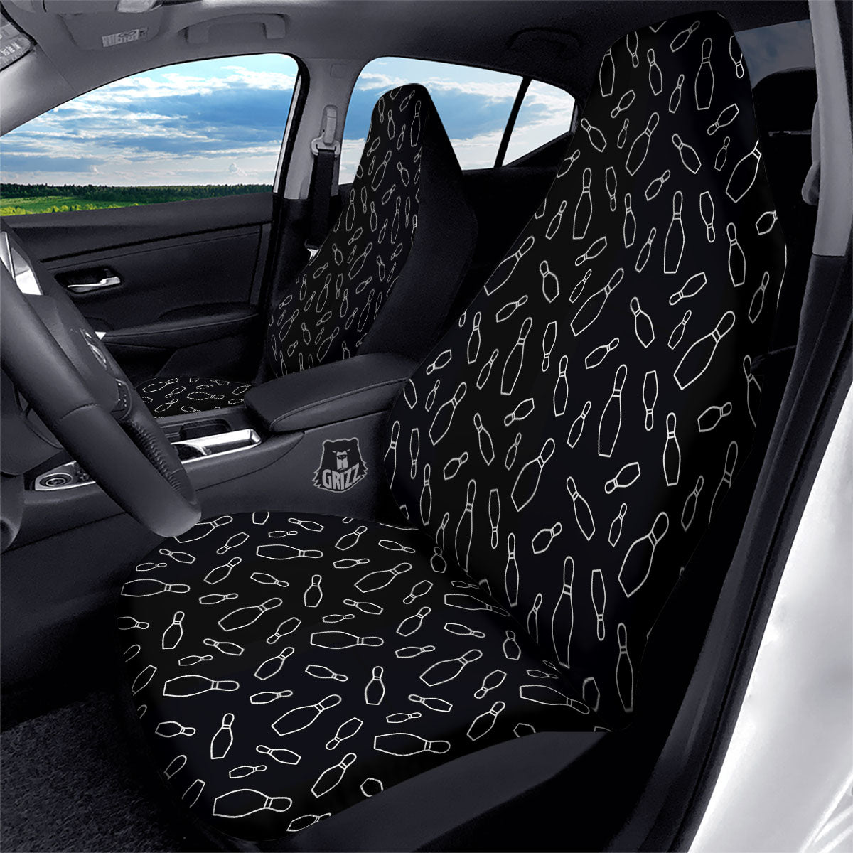 Black Bowling Pins Print Pattern Car Seat Covers-grizzshop
