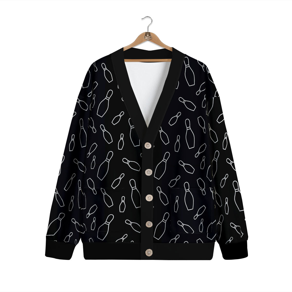 Black Bowling Pins Print Pattern Cardigan-grizzshop