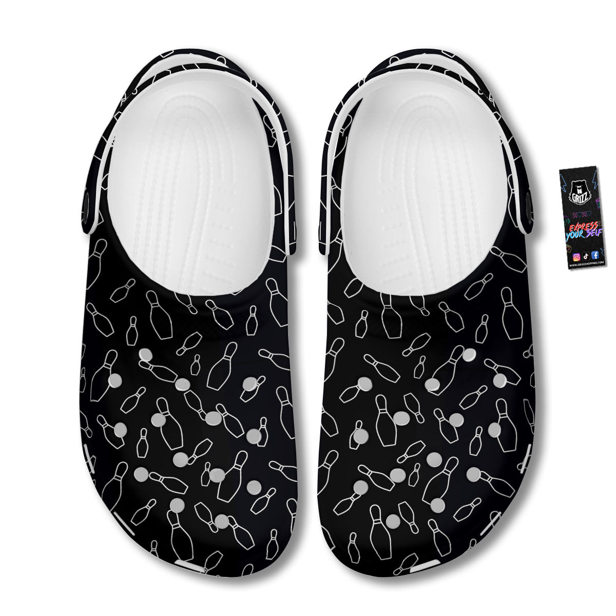Black Bowling Pins Print Pattern Clog-grizzshop