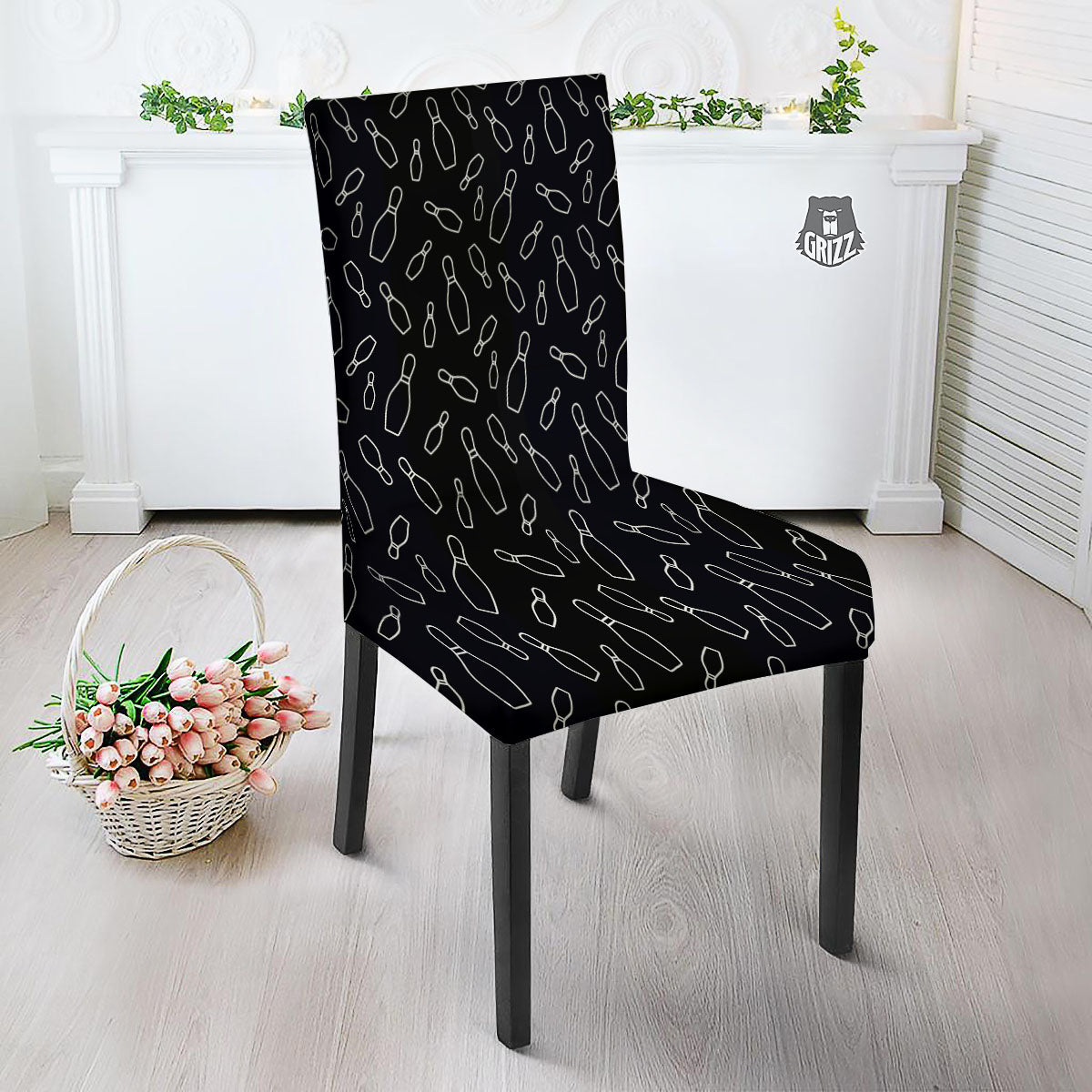 Black Bowling Pins Print Pattern Dining Chair Slipcover-grizzshop