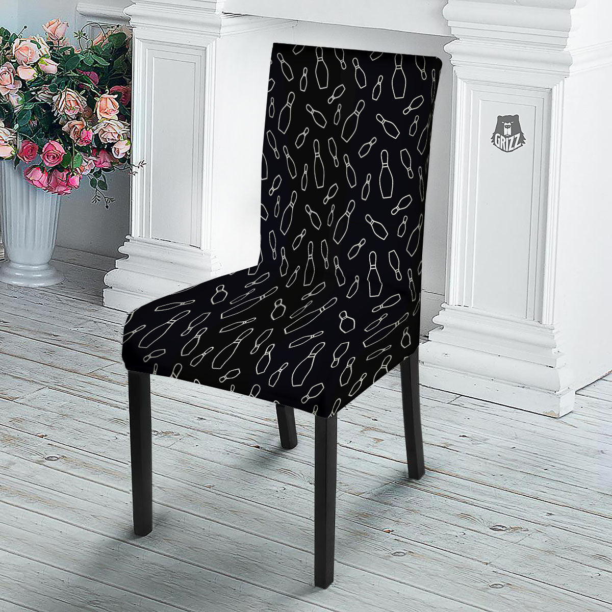 Black Bowling Pins Print Pattern Dining Chair Slipcover-grizzshop