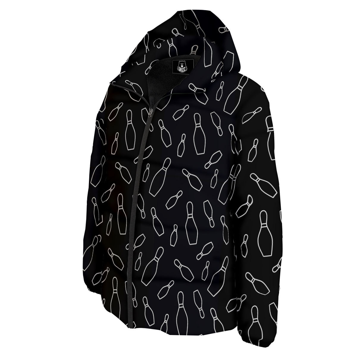 Black Bowling Pins Print Pattern Down Jacket-grizzshop
