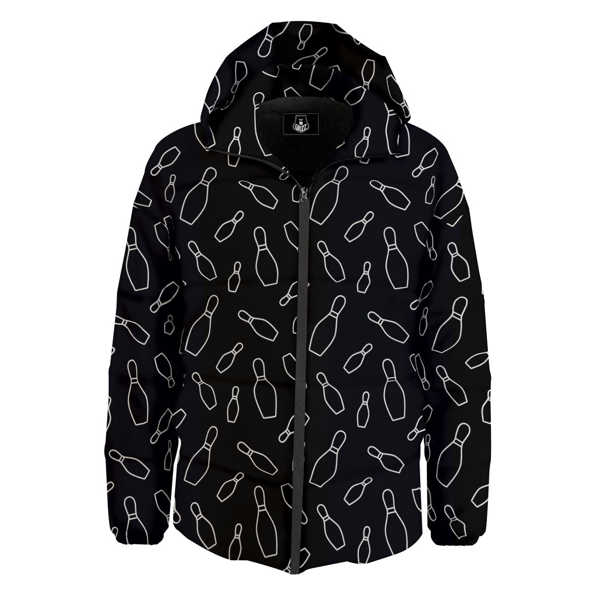 Black Bowling Pins Print Pattern Down Jacket-grizzshop