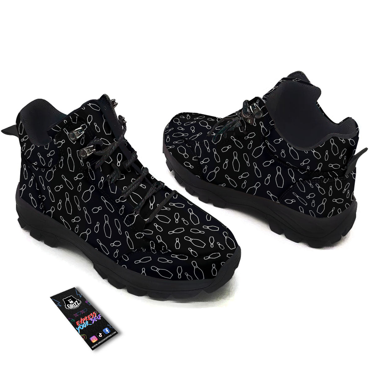 Black Bowling Pins Print Pattern Hiking Shoes-grizzshop