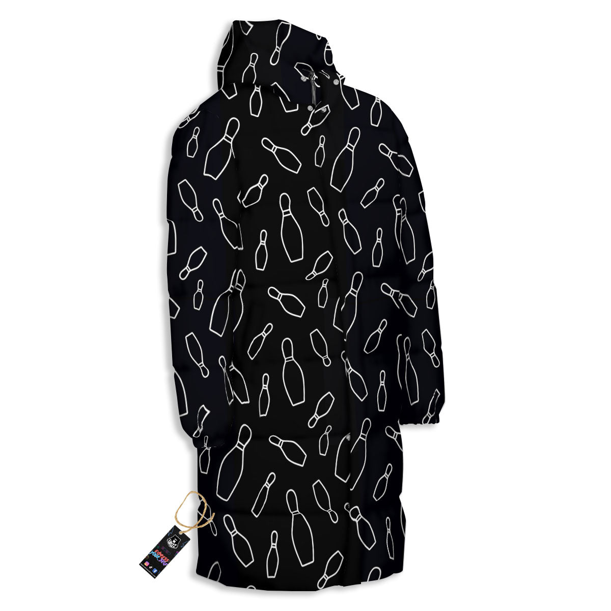 Black Bowling Pins Print Pattern Long Down Jacket-grizzshop