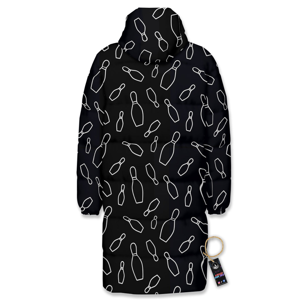 Black Bowling Pins Print Pattern Long Down Jacket-grizzshop