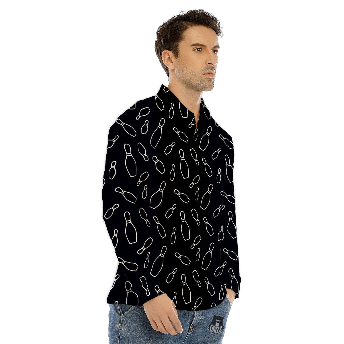 Black Bowling Pins Print Pattern Men's Dress Shirts-grizzshop