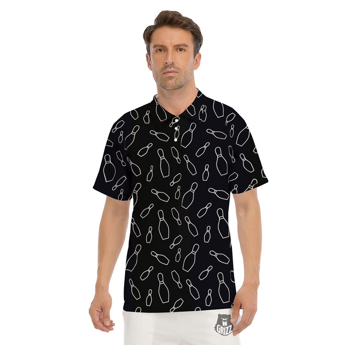 Black Bowling Pins Print Pattern Men's Golf Shirts-grizzshop