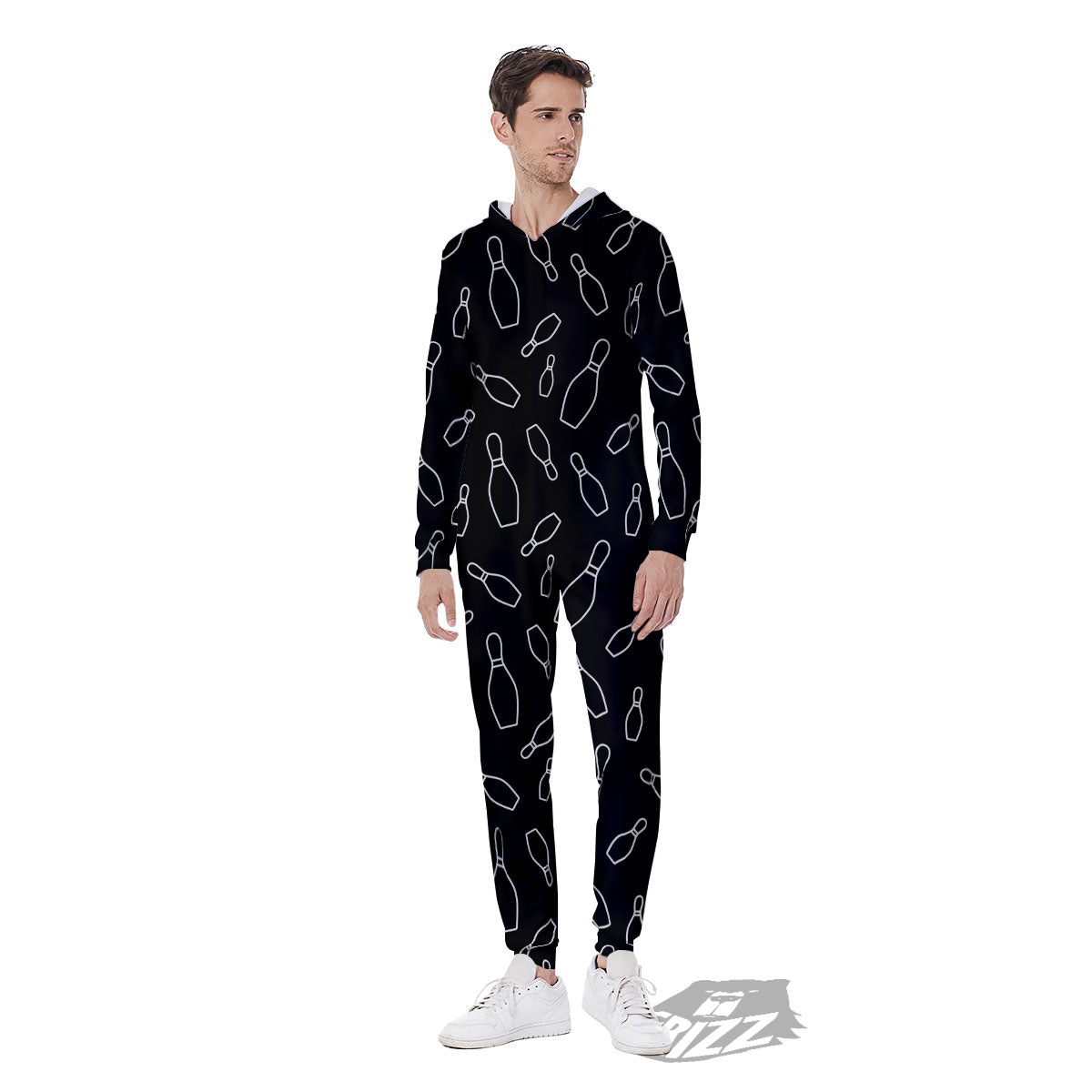 Black Bowling Pins Print Pattern Men's Jumpsuit-grizzshop
