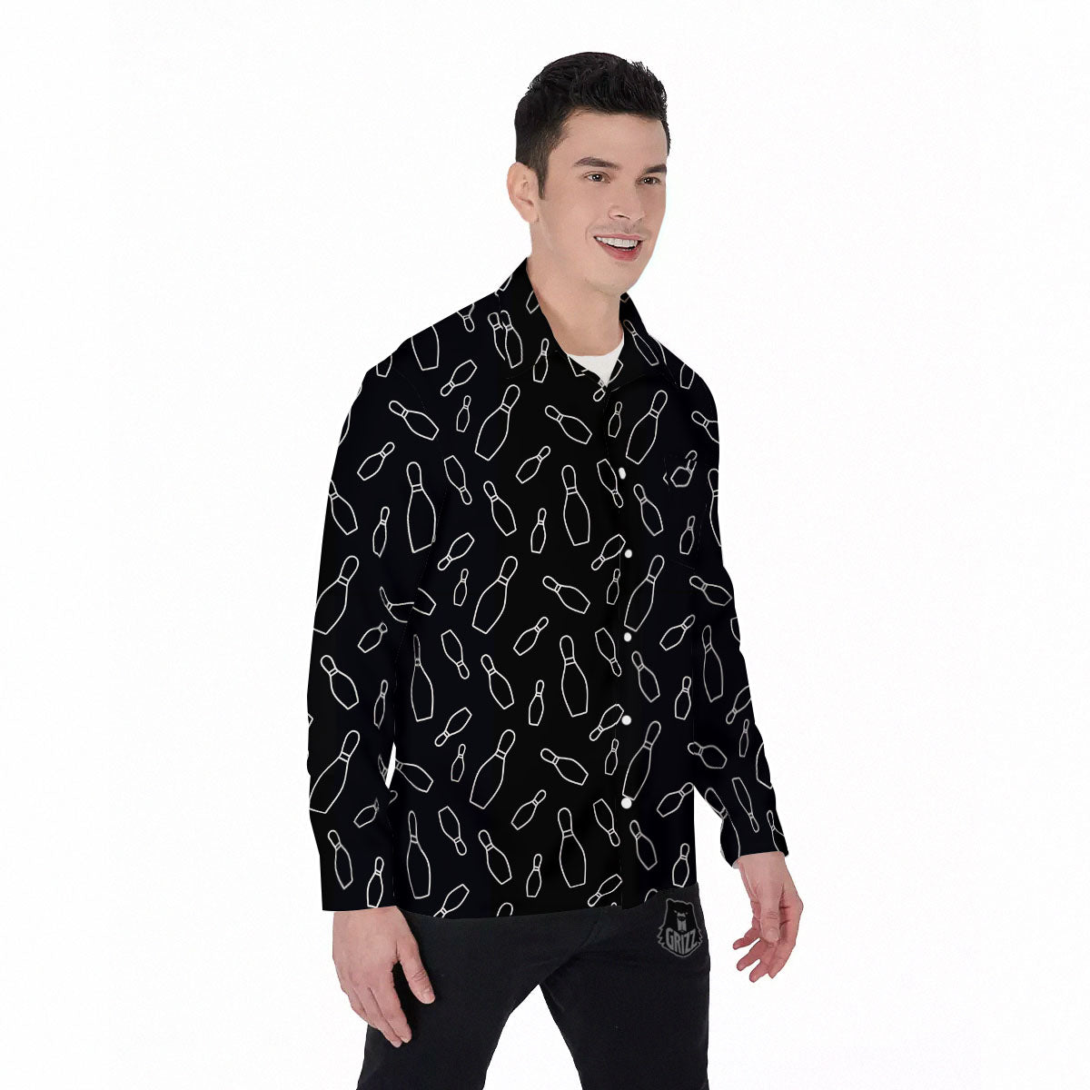 Black Bowling Pins Print Pattern Men's Long Sleeve Shirts-grizzshop