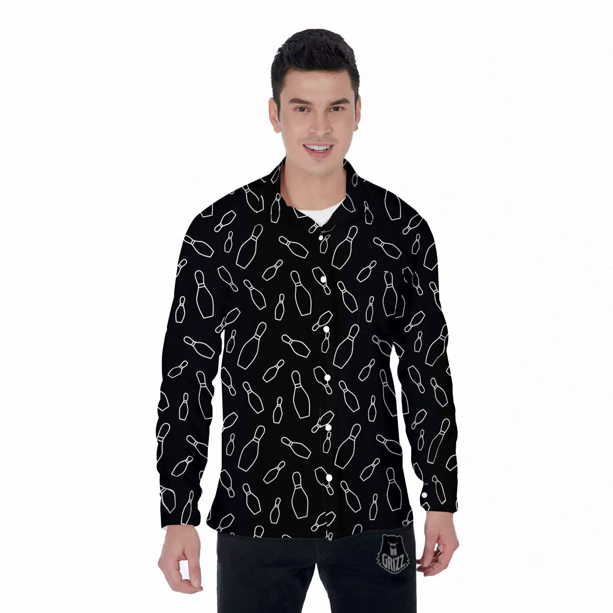 Black Bowling Pins Print Pattern Men's Long Sleeve Shirts-grizzshop