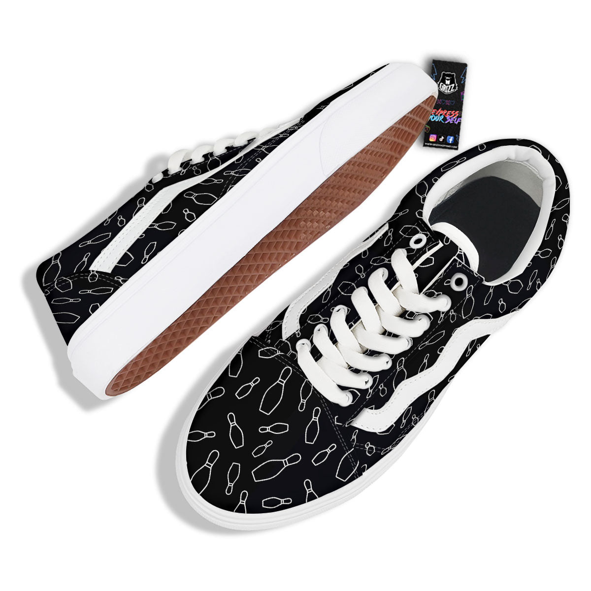Black Bowling Pins Print Pattern Skate Shoes-grizzshop
