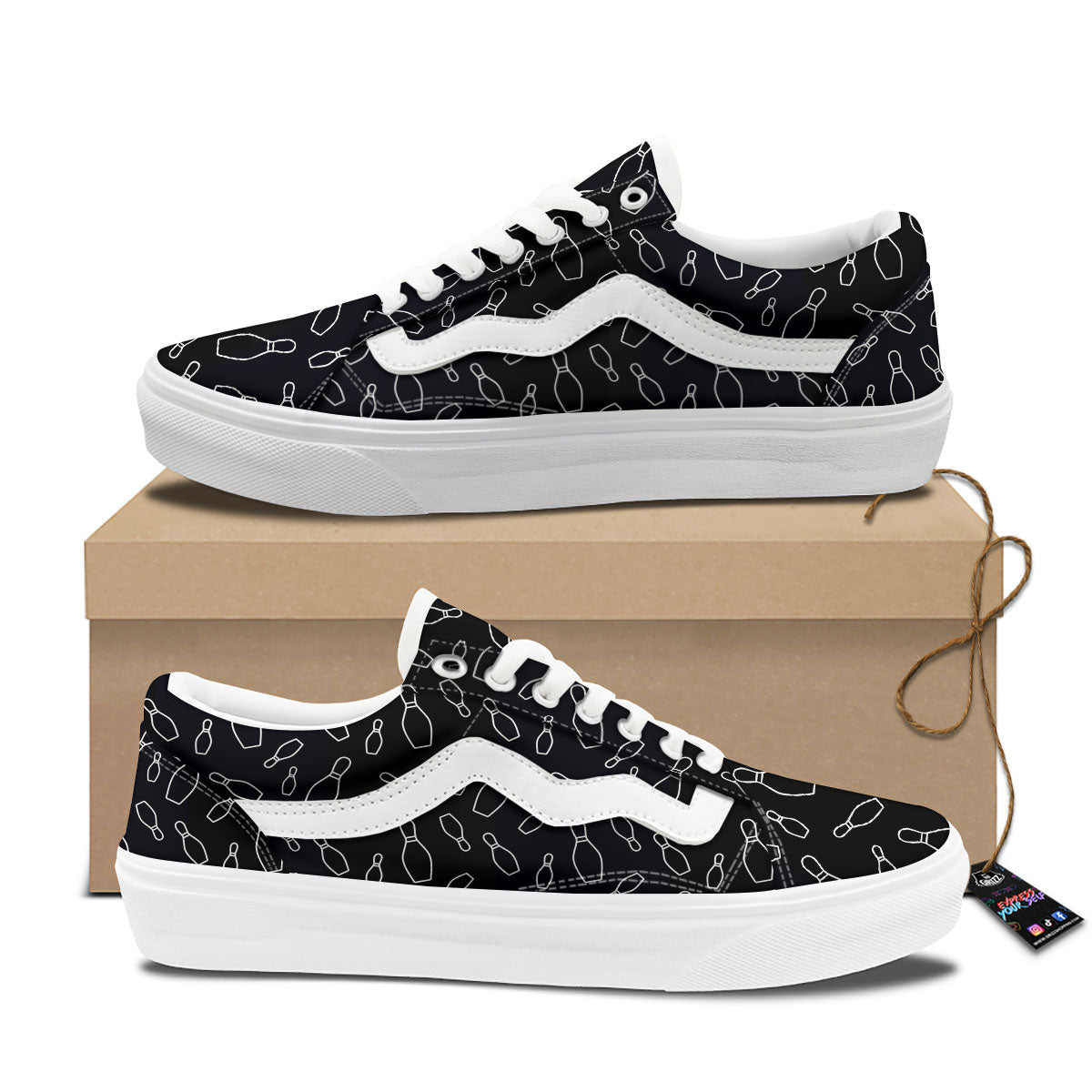 Black Bowling Pins Print Pattern Skate Shoes-grizzshop