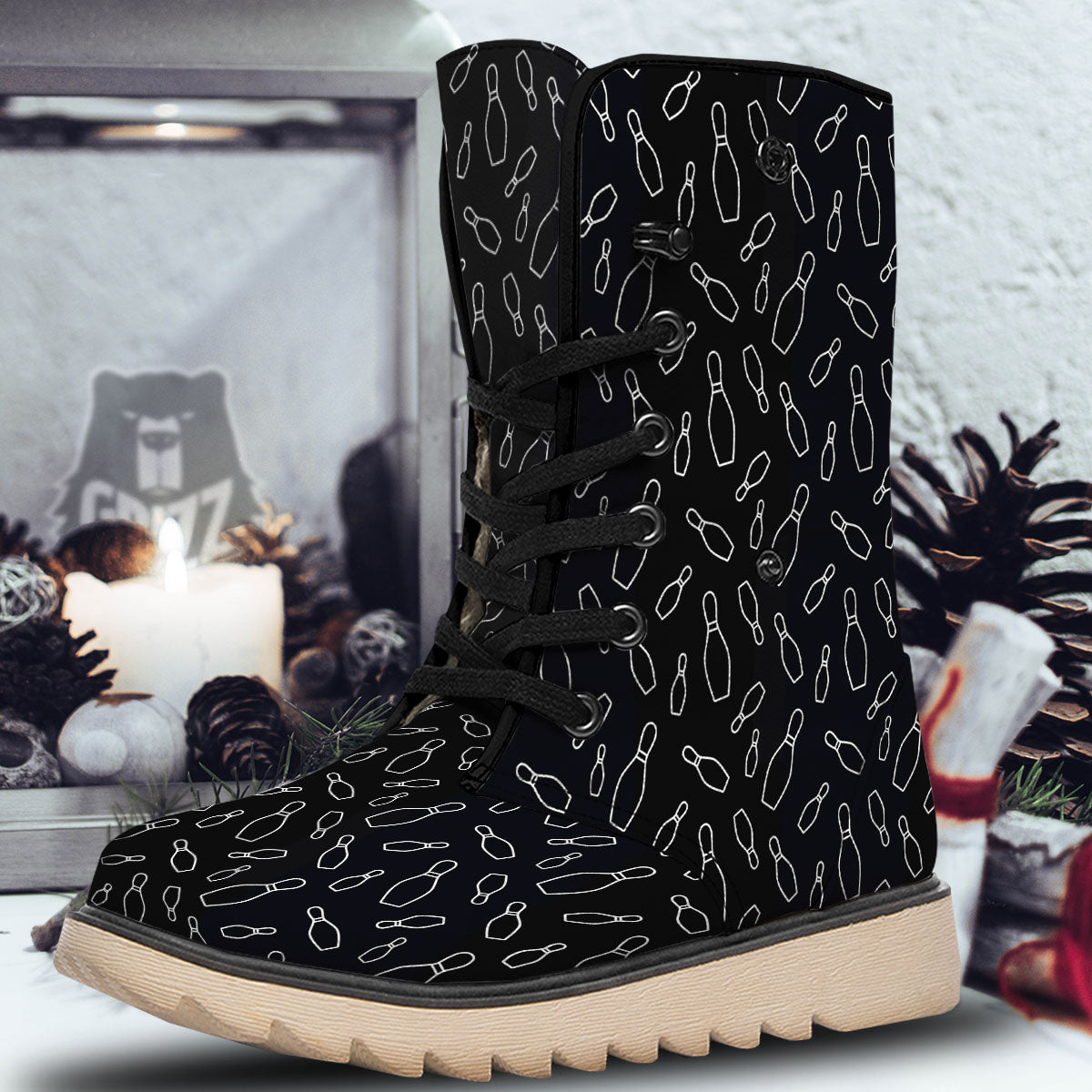Black Bowling Pins Print Pattern Snow Boots-grizzshop