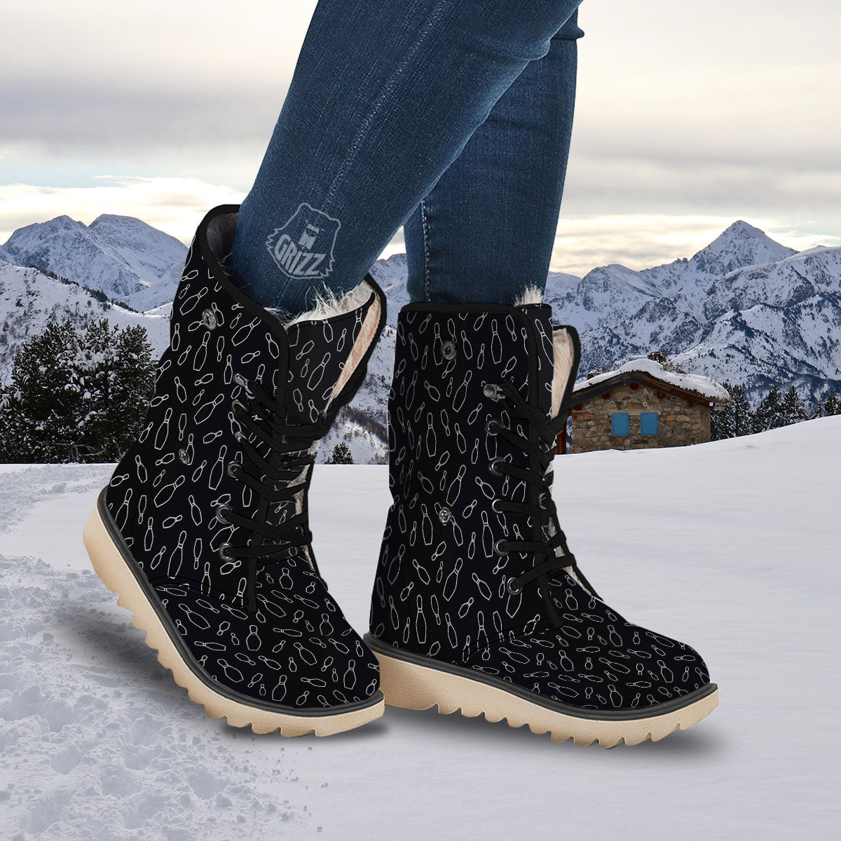 Black Bowling Pins Print Pattern Snow Boots-grizzshop