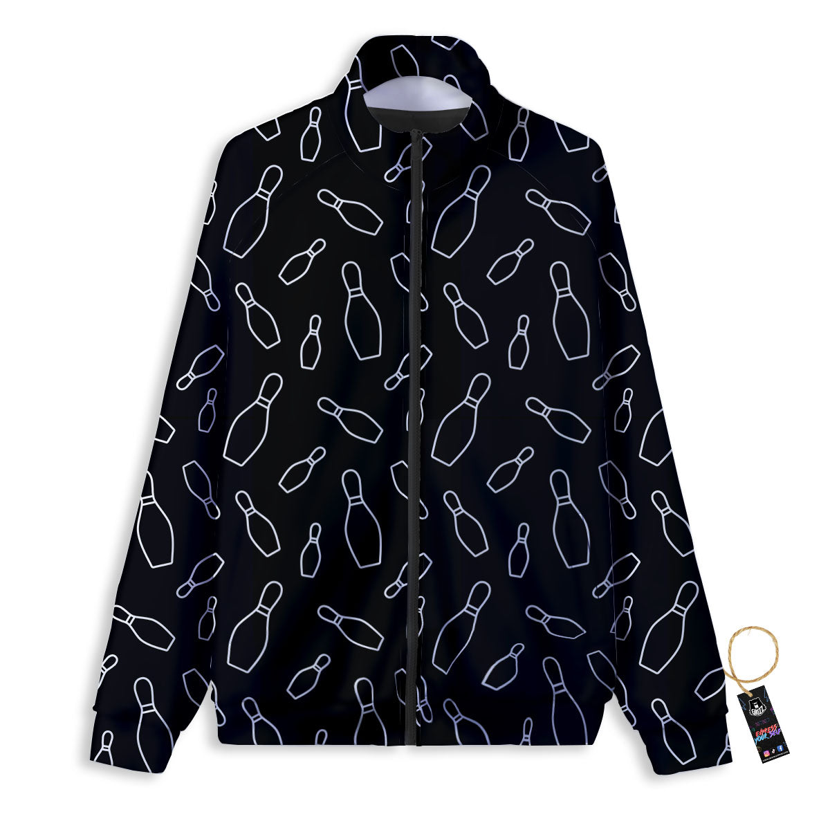 Black Bowling Pins Print Pattern Track Jacket-grizzshop