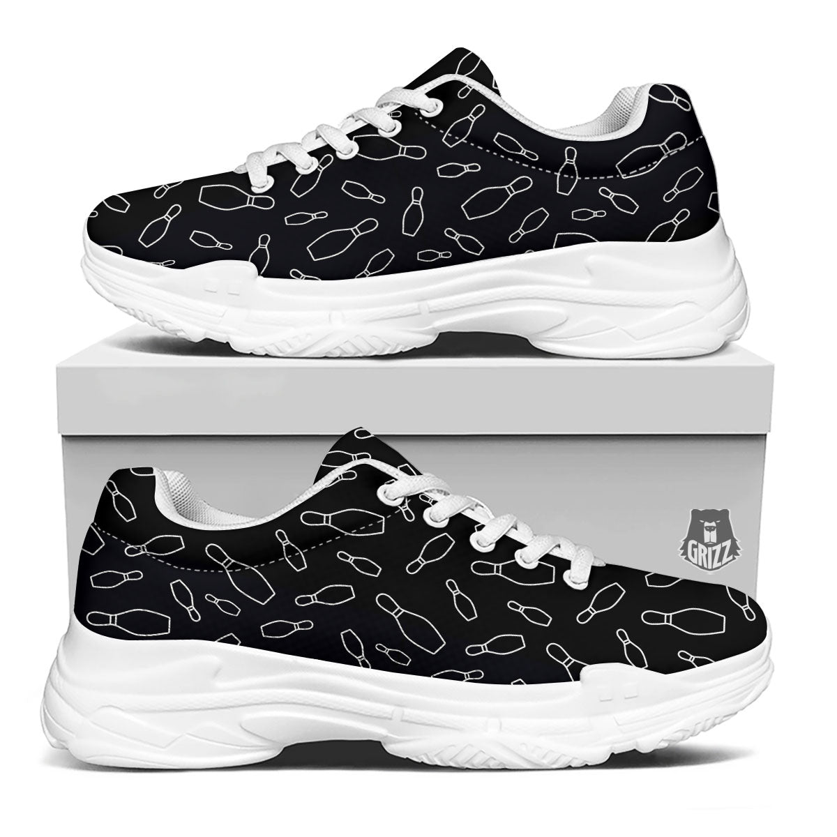 Black Bowling Pins Print Pattern White Chunky Shoes-grizzshop