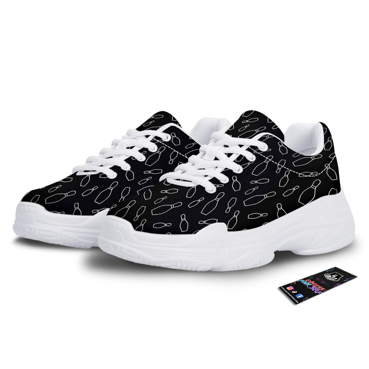 Black Bowling Pins Print Pattern White Chunky Shoes-grizzshop
