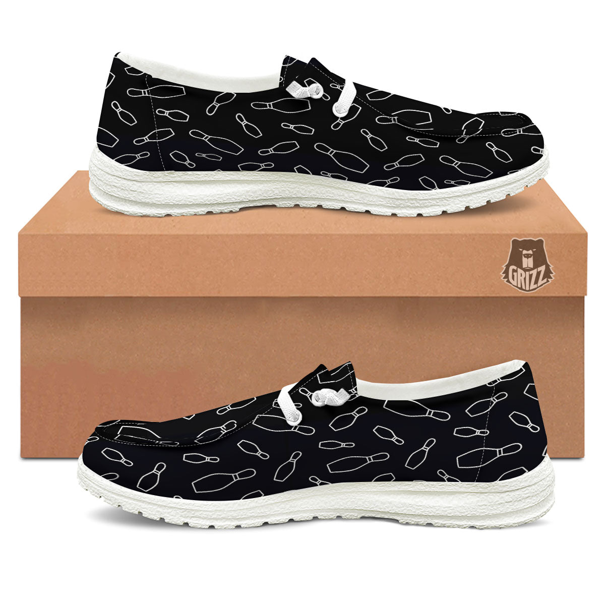 Black Bowling Pins Print Pattern White Loafers-grizzshop