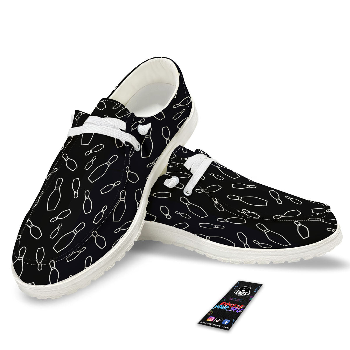 Black Bowling Pins Print Pattern White Loafers-grizzshop