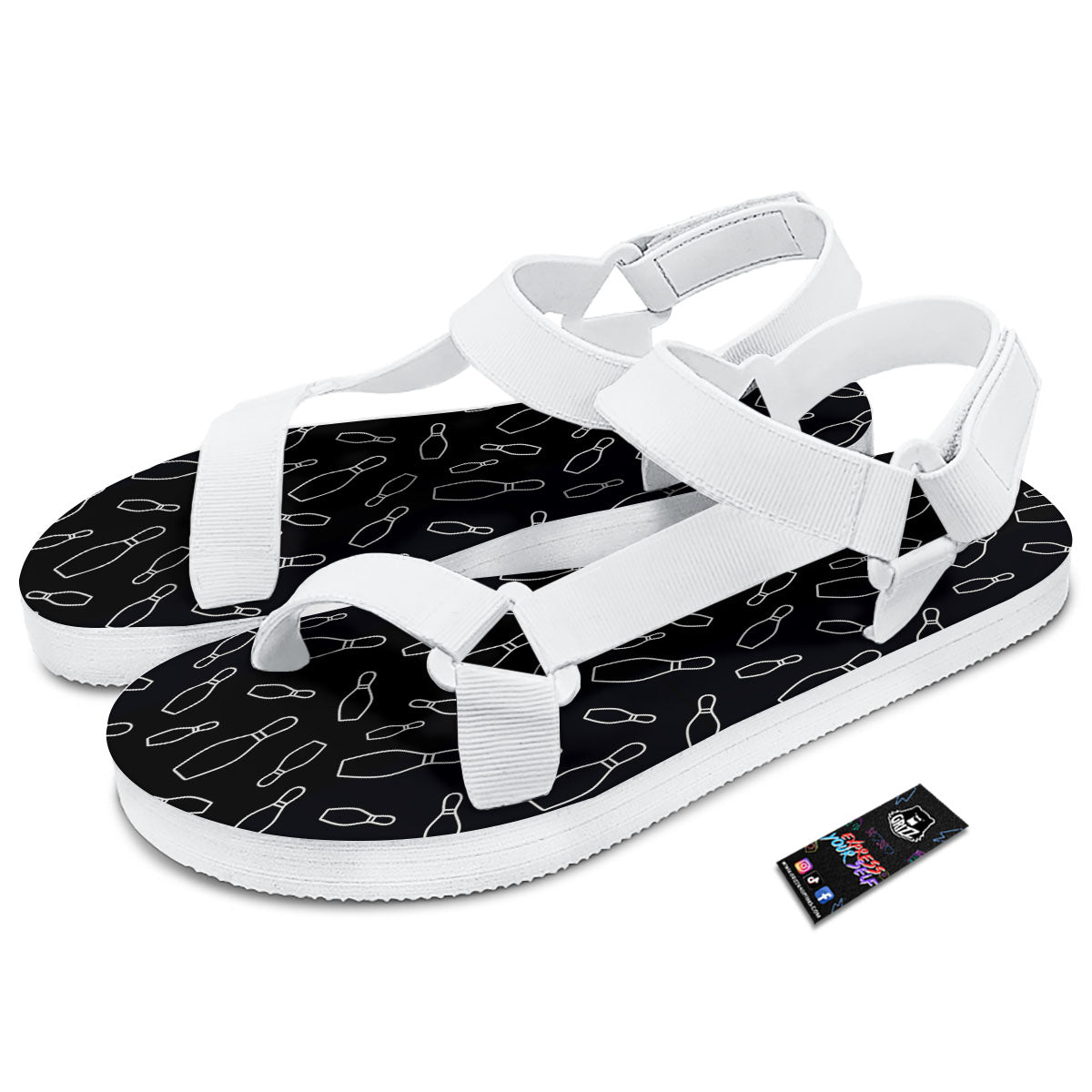 Black Bowling Pins Print Pattern White Open Toe Sandals-grizzshop