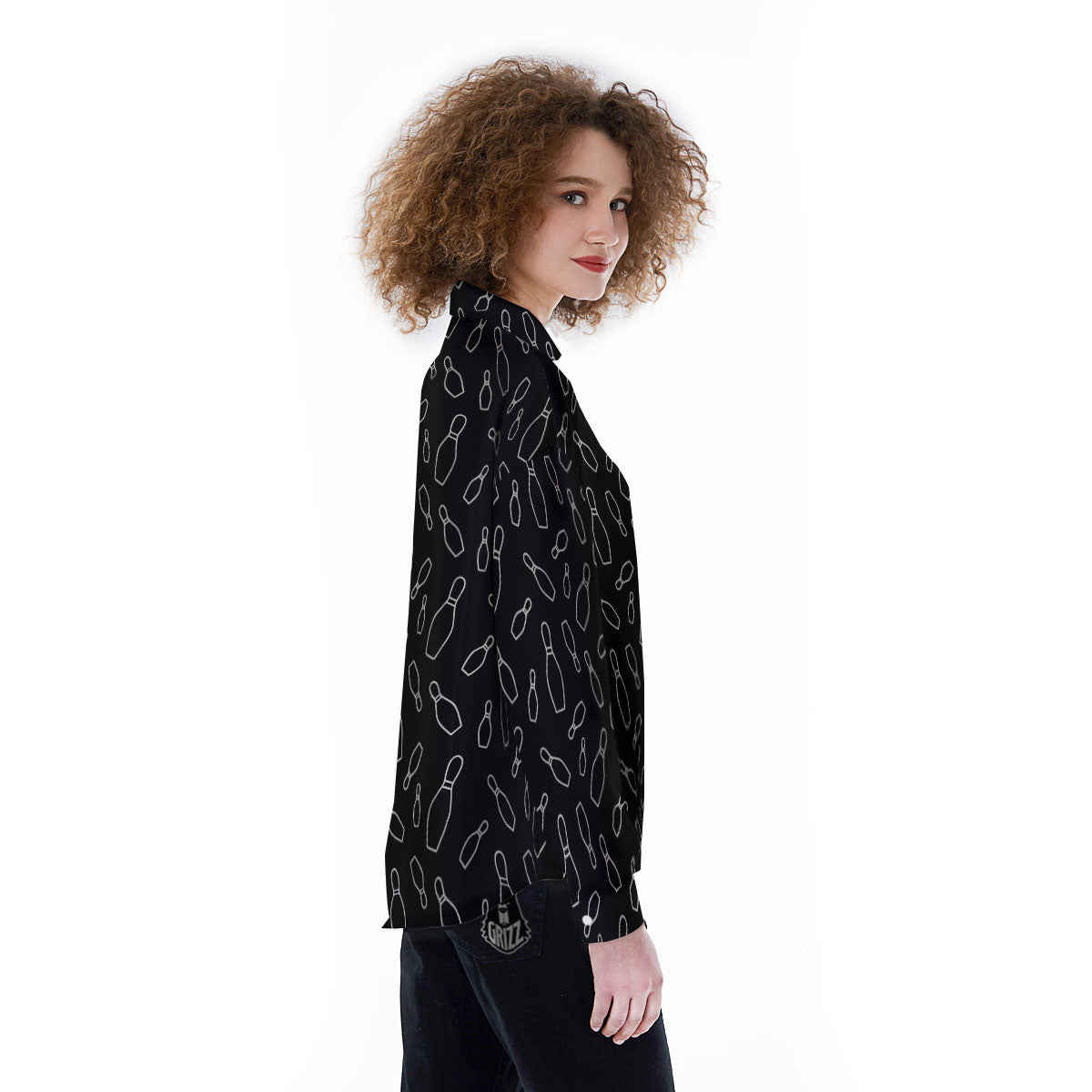 Black Bowling Pins Print Pattern Women's Long Sleeve Shirts-grizzshop