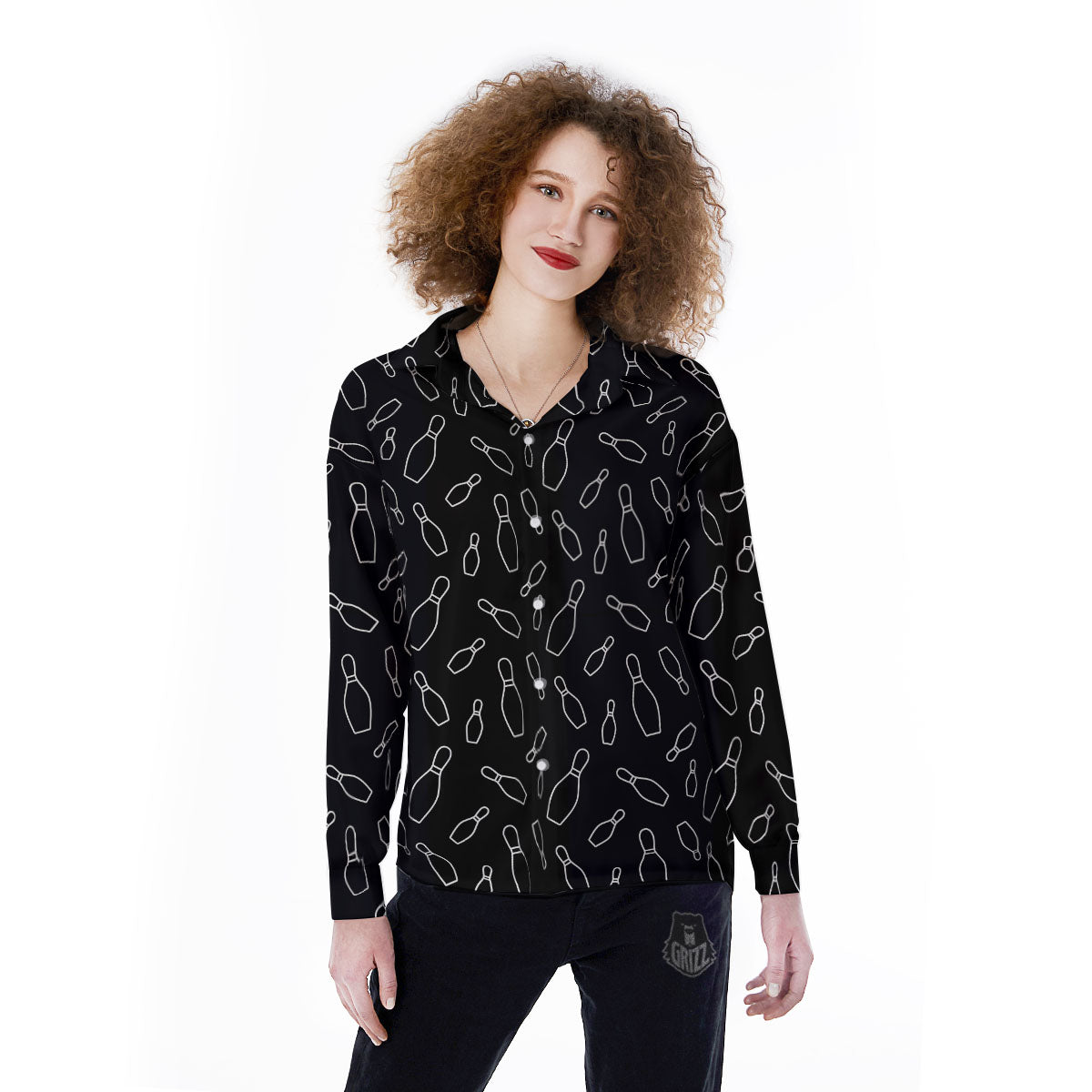 Black Bowling Pins Print Pattern Women's Long Sleeve Shirts-grizzshop